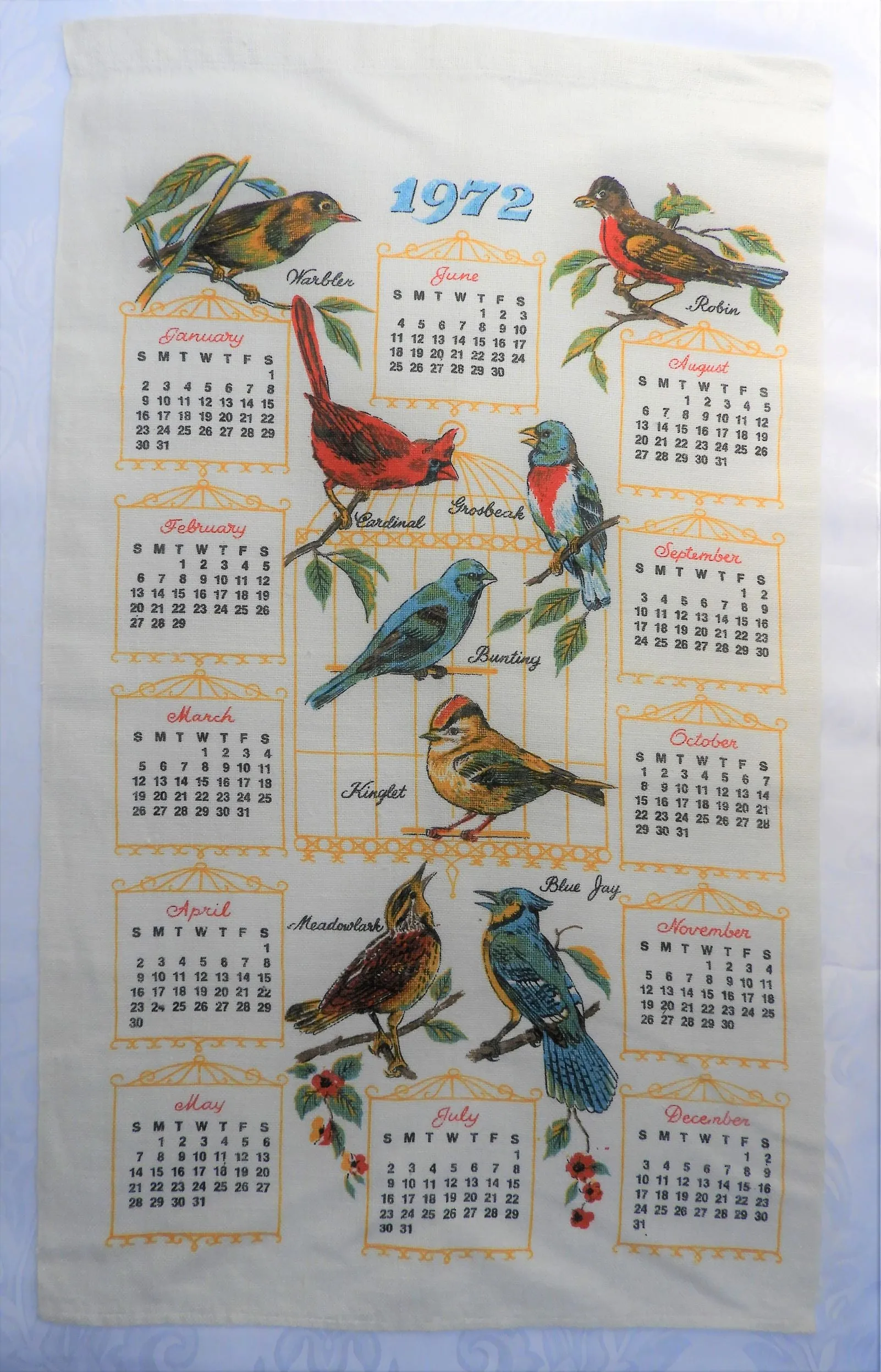 1972 Vintage Calendar Towel - Linen - Birds - TWLC93