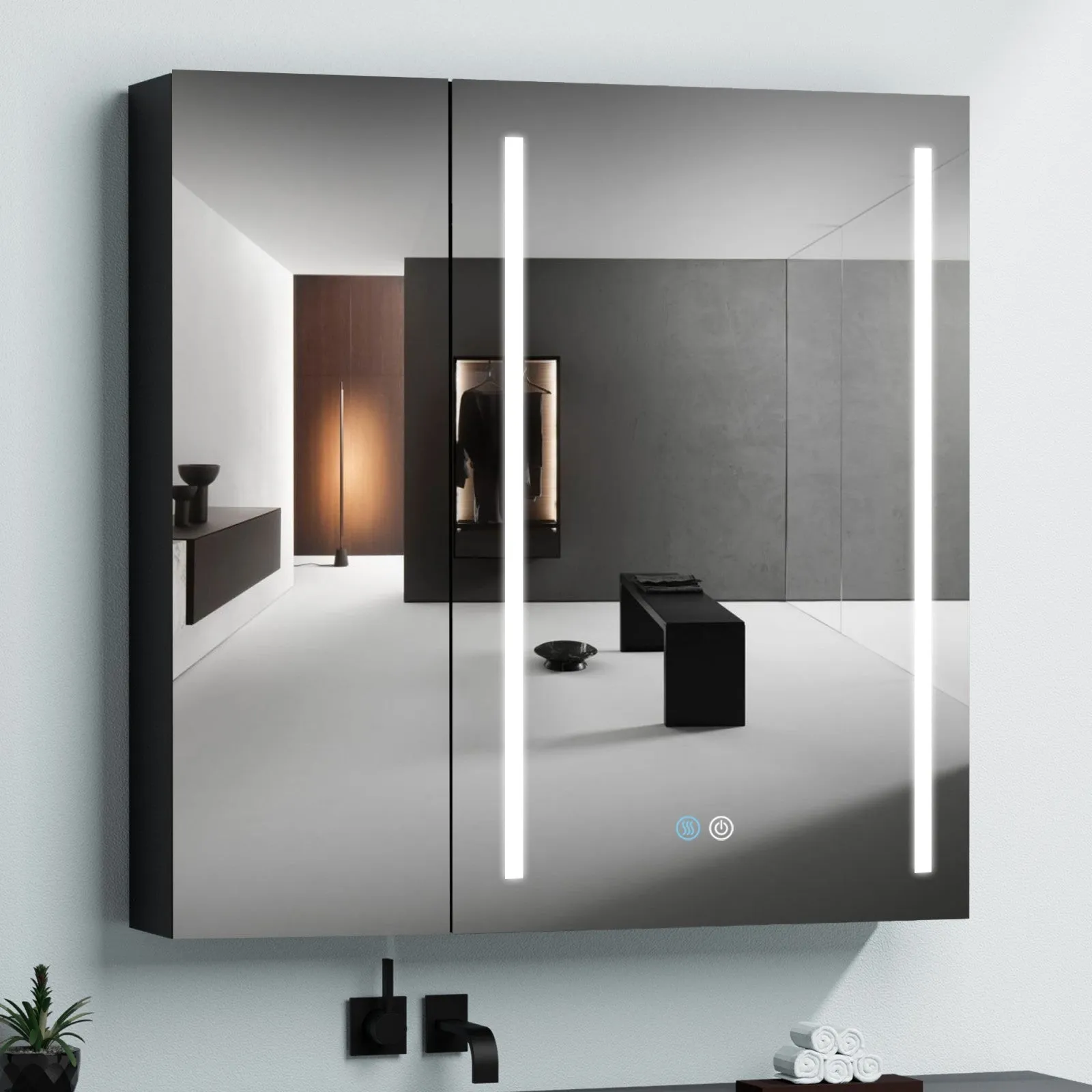 30 x 30 Inches LED Double Door Medicine Cabinet with Defogging Mirror and Dimmer in Black