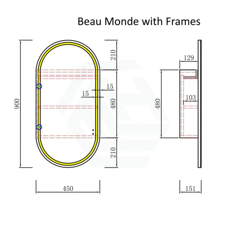 450x900mm Beau Monde LED Mirror Oval Shaving Cabinet Matt White Finish Matt Black Framed Touchless Sensor Frontlit