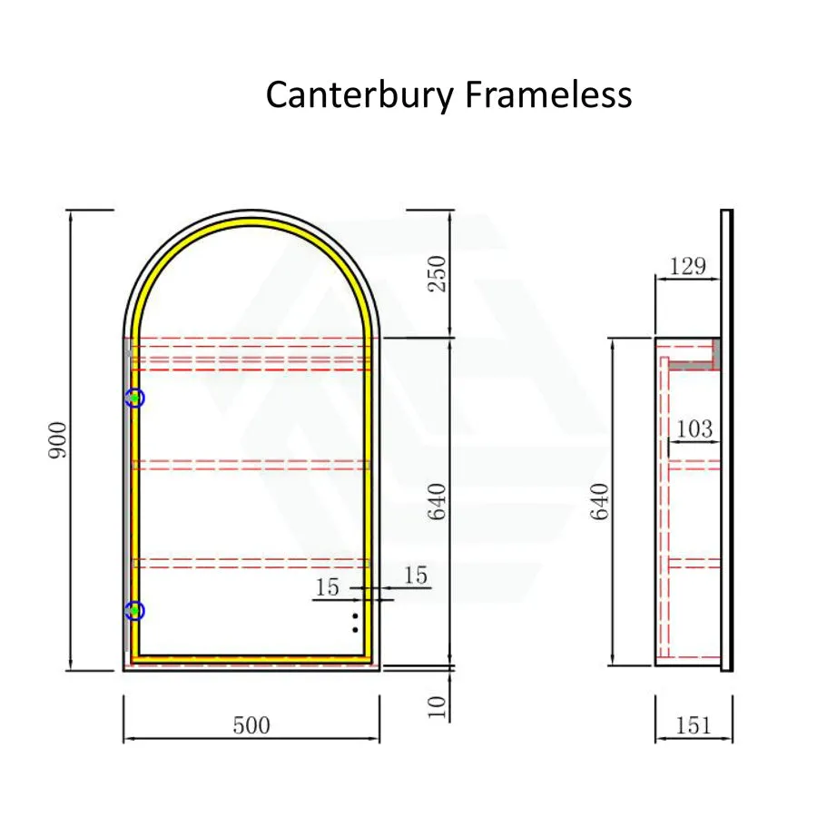 500x900mm Canterbury LED Mirror Arch Shaving Cabinet Carita Finish Frameless Touchless Sensor Frontlit