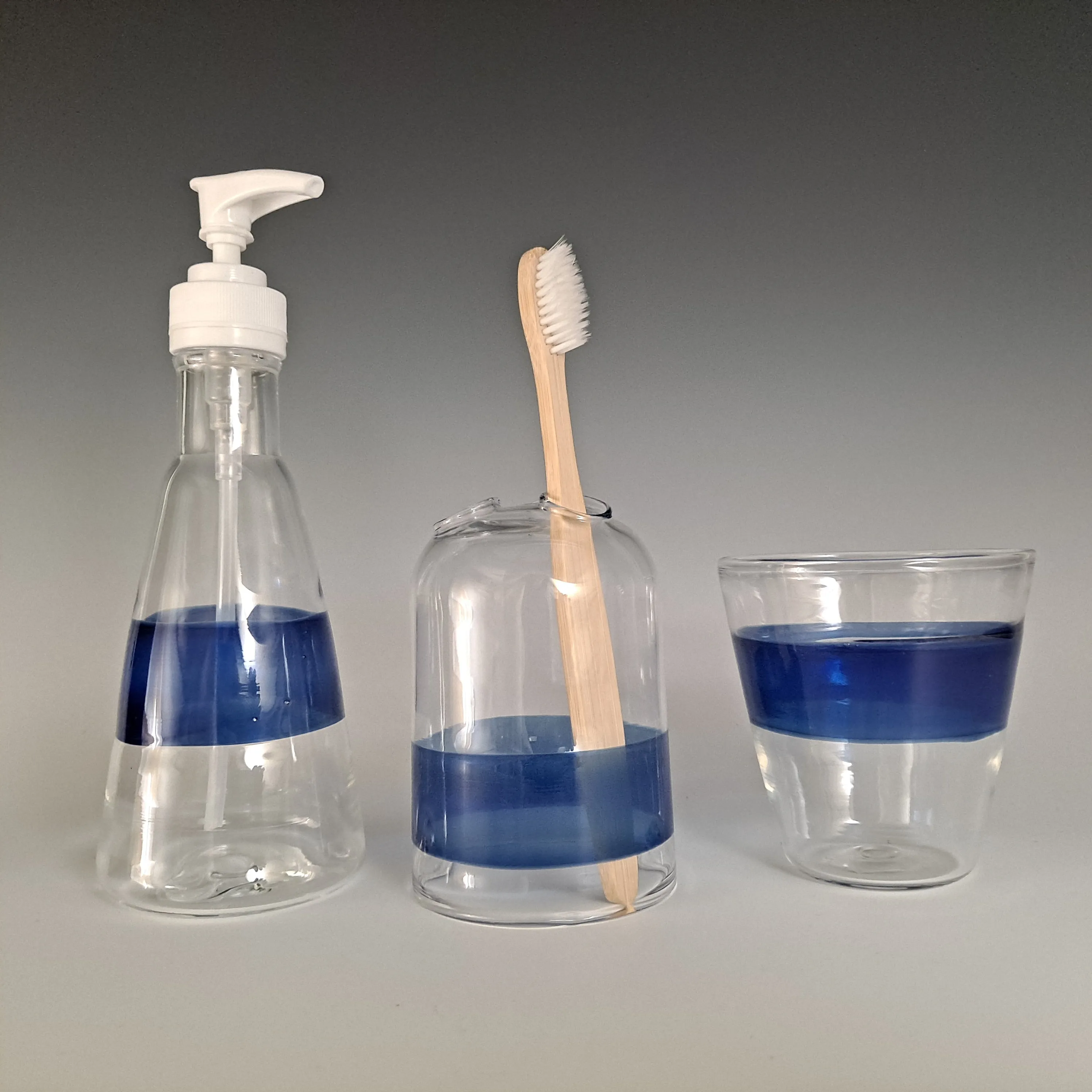 Blue Satin Encalmo Glass Bathroom Set, Tooth Brush Holder, Drinking Glass, & Soap Dispenser