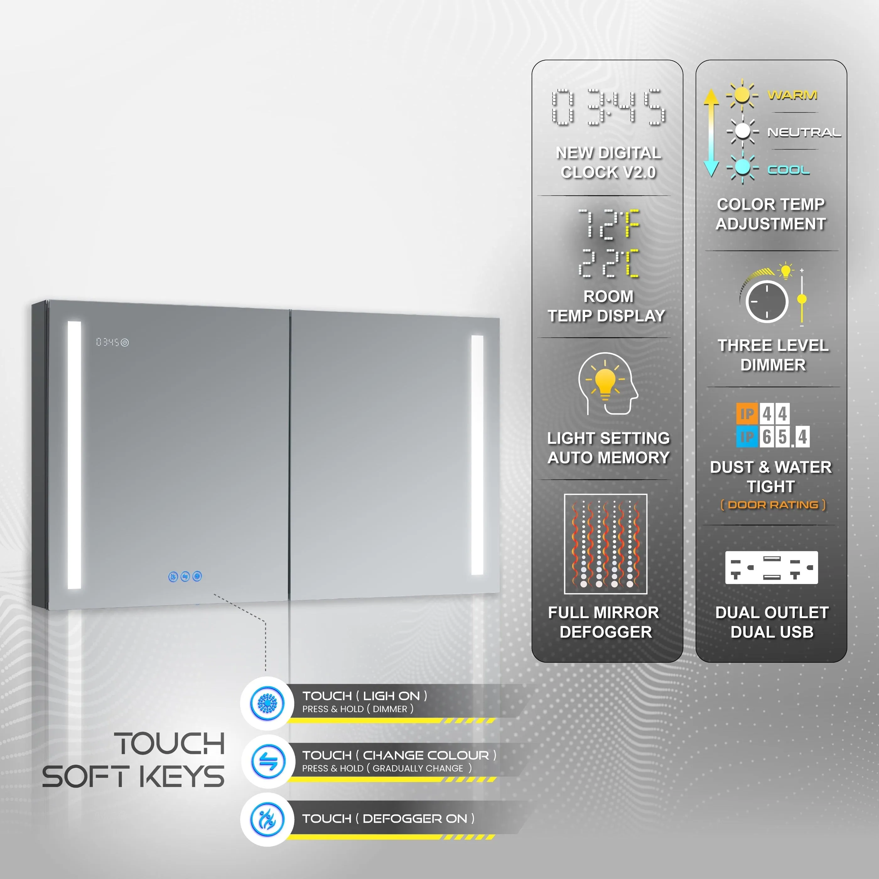 DECADOM LED Mirror Medicine Cabinet Recessed or Surface, Defogger, Dimmer, Clock, Room Temp Display, Makeup Mirror 3X, Outlets & USBs AURA 48x30