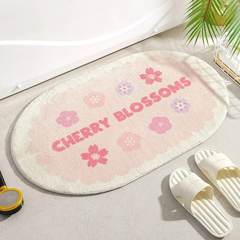 Enchanting Petal Paradise: Kawaii Floral Oval Bathroom Mat