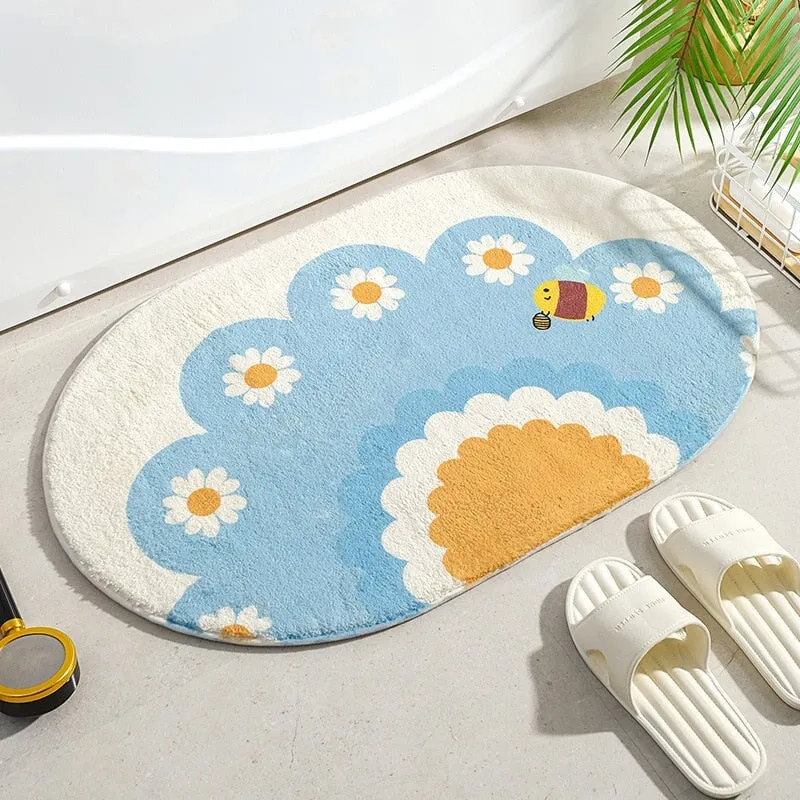 Enchanting Petal Paradise: Kawaii Floral Oval Bathroom Mat