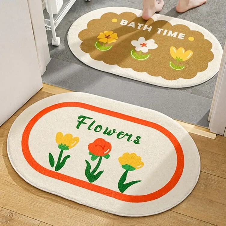 Enchanting Petal Paradise: Kawaii Floral Oval Bathroom Mat