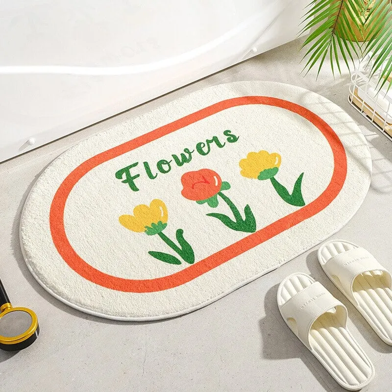 Enchanting Petal Paradise: Kawaii Floral Oval Bathroom Mat