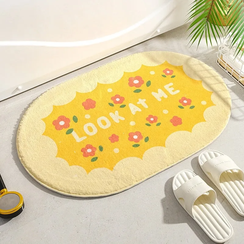 Enchanting Petal Paradise: Kawaii Floral Oval Bathroom Mat