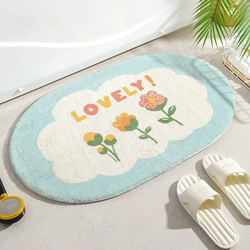 Enchanting Petal Paradise: Kawaii Floral Oval Bathroom Mat