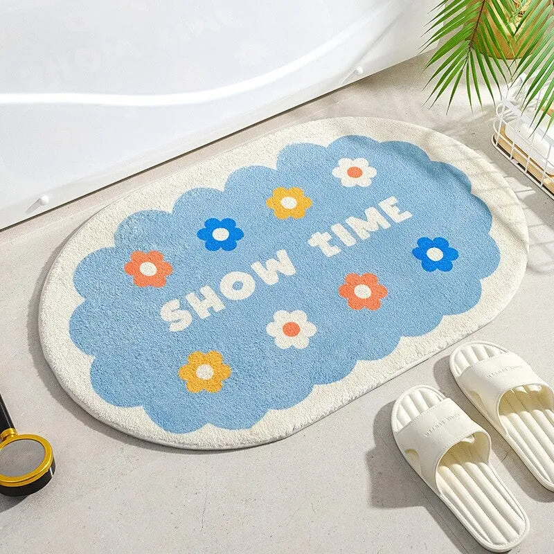 Enchanting Petal Paradise: Kawaii Floral Oval Bathroom Mat