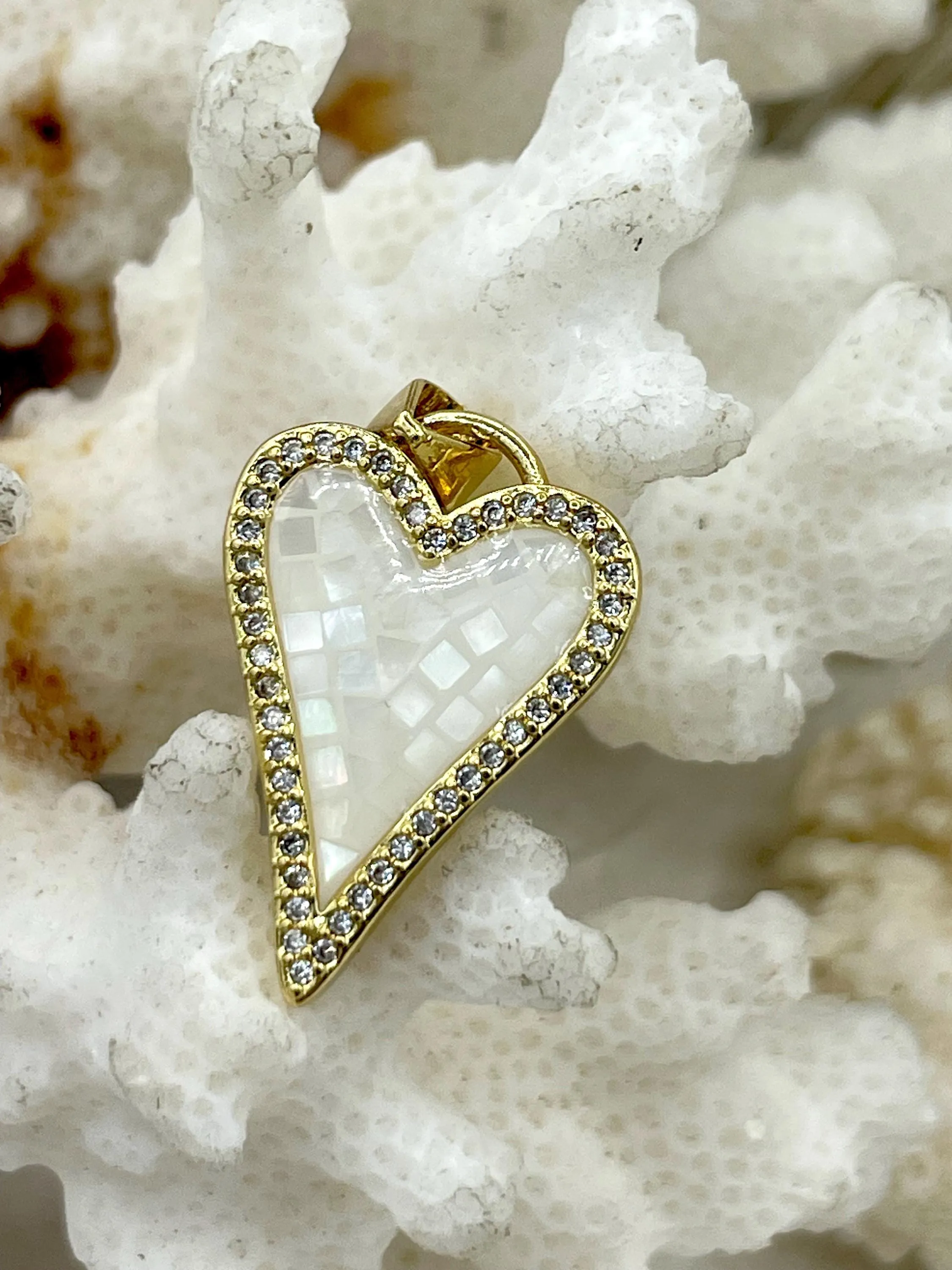 Heart Mother of Pearl and Gold Pendants with CZ, MOP and Gold Plated Brass, 2 Styles, 2 Colors Sparkly Pink and White Charms. Fast Ship.