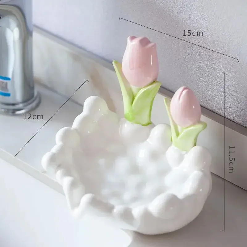 SINOTAO  -  Creative Ceramic Flower Soap Box Drain Three-dimensional White Flower Soap Dish Bathroom Sink Shelf Bathroom Decor Accessories