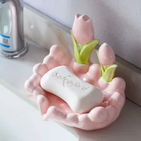 SINOTAO  -  Creative Ceramic Flower Soap Box Drain Three-dimensional White Flower Soap Dish Bathroom Sink Shelf Bathroom Decor Accessories